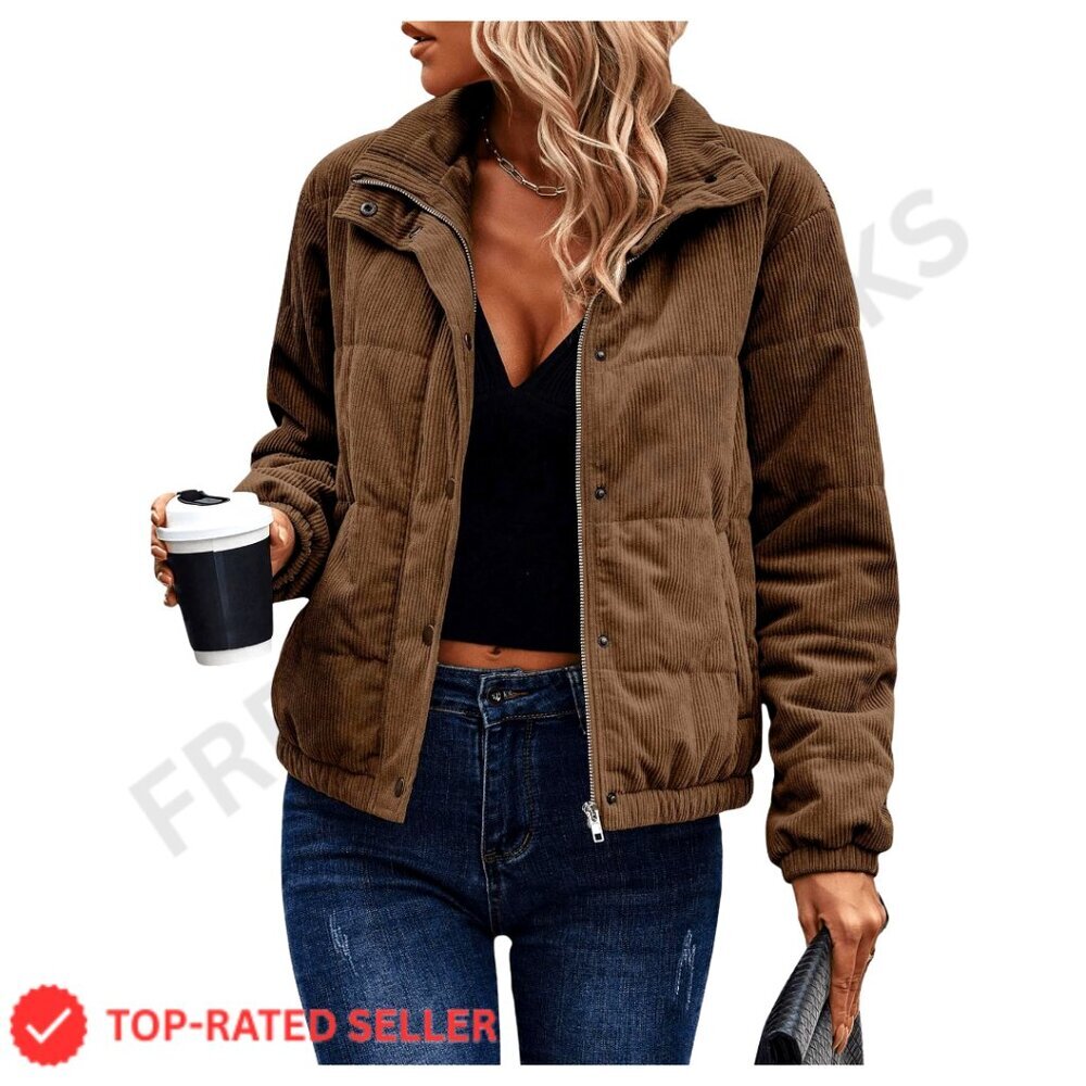 Corduroy Quilted Puffer Jacket Zip Up Long Sleeve Padded Bomber with Pockets